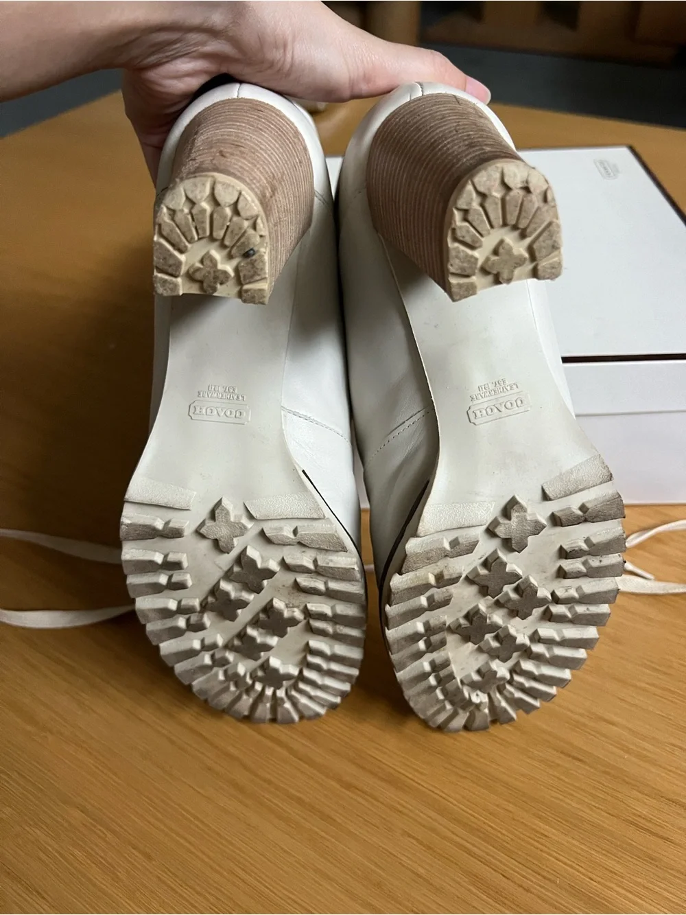 Coach Cream Lace-Up Block Heel Ankle Boots with Tan Trim